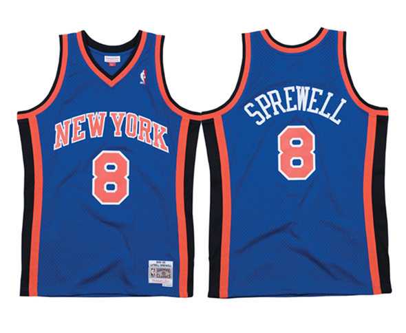 Men%27s New Yok Knicks #8 Latrell Sprewell Blue Mitchell & Ness 98-99 Road Swingman Stitched Jersey